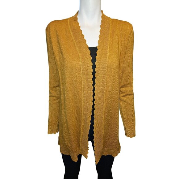 2/$35 Evolution Golden Bronze Scalloped Edge Open Front Cardigan Womens S Petite - Picture 1 of 9